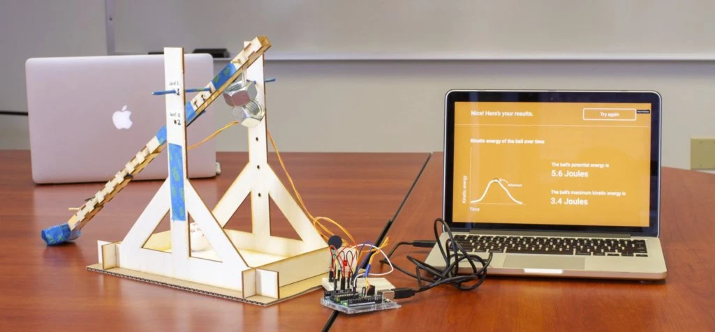Completed trebuchet connected to its measurement interface.